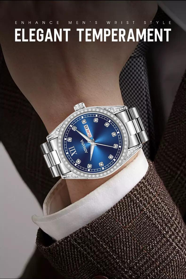 Men’s Business Fashion Quartz Watch, featuring a round full-diamond dial, available in three colors.luminous display, water resistance, and date function. A trendy, versatile, and exquisite timepiece — the perfect gift for birthdays or parties.