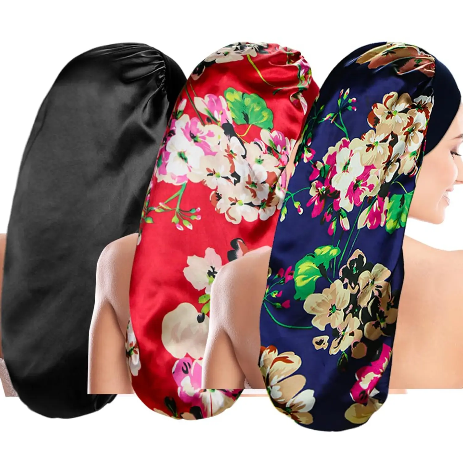 3 Pack Long Satin Bonnet for Sleeping Silk Hair Bonnet Sleep Cap for Braids Curly Hair Long Hair Women