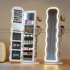 Lvifur LED Mirror Jewelry Cabinet Standing, 360° Swivel Jewelry Aromire Organizer with Wavy Mirror, Lockable Jewelry Mirror with Storage, Jewelry Cabinet, Interior Mirror, Foldable Shelf