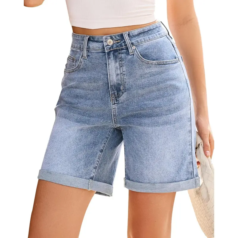 Women's High-Waisted Basic Denim Shorts, Stretchy Loose-Fit Stretch Denim with Folded Cuffs, Button Fly Casual Summer Clothes with Pockets, Multi-Size Bottom for Beach, Festival, Jorts For Women