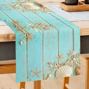 Starfish Seashell Beach Ocean Table Runner, Teal Turquoise Wooden Rustic Table Runner Kitchen Decor for Home Wedding Party and Dining Room, Dresser Scarf Table Decorations