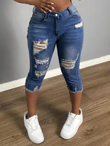 Women Denim Capri Pants Mid Waist Summer Skinny Stretchy Ripped Jeans Cropped Leggings Casual Clothes