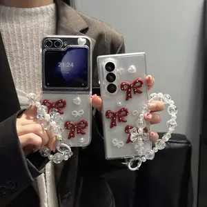 Luxury Pearl Bowknot Flip Folding Phone Case for Samsung Zflip3/4/5/6/7, Full Coverage Protective Cover, Elegant Design, Stylish Accessory