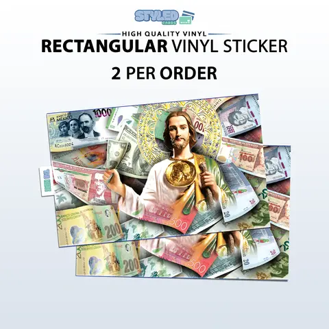 san judas all currency rectangular vinyl STICKER