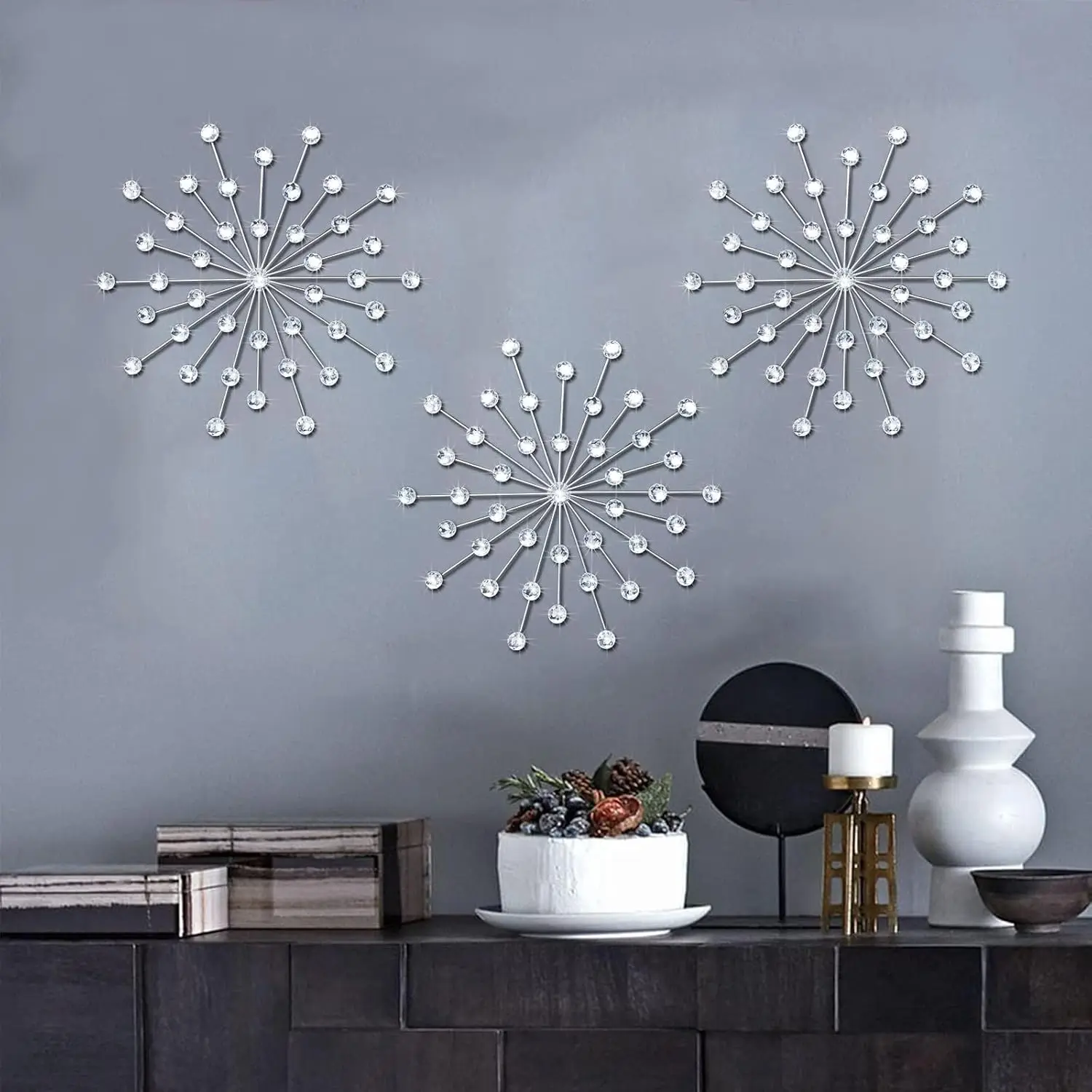 3 Set Silver Metal Jeweled Wall Art Bling Crystal Home Décor Sun Burst Rhinestone Wall Hanging Diamond Accents Decor Box
