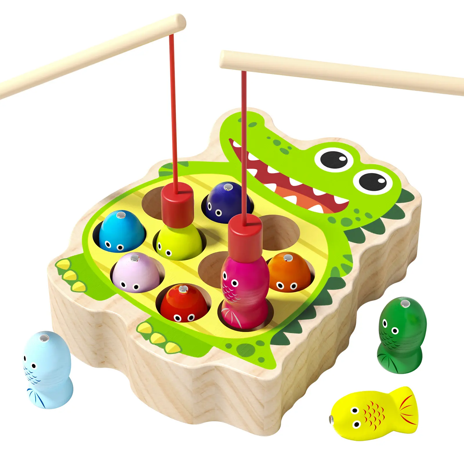 Wooden Magnetic Dinosaur & Crocodile Fishing Game Set for Toddlers, Montessori Educational Fine Motor Skills Toy with Colorful Fish, Preschool Learning Gift for Kids Boys & Girls, Mother's Day