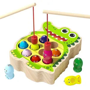 Wooden Magnetic Dinosaur & Crocodile Fishing Game Set for Toddlers, Montessori Educational Fine Motor Skills Toy with Colorful Fish, Preschool Learning Gift for Kids Boys & Girls
