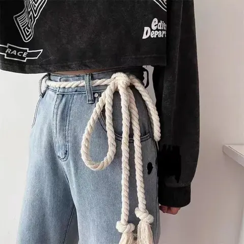 Vintage Braided Rope Belt - Y2K Style Thick White Rope with Black Plaid Pattern, Unisex Adjustable Hand Wash Only Men's Accessories, One Size Other Plant Fibers Casual Dress Belt for Jeans