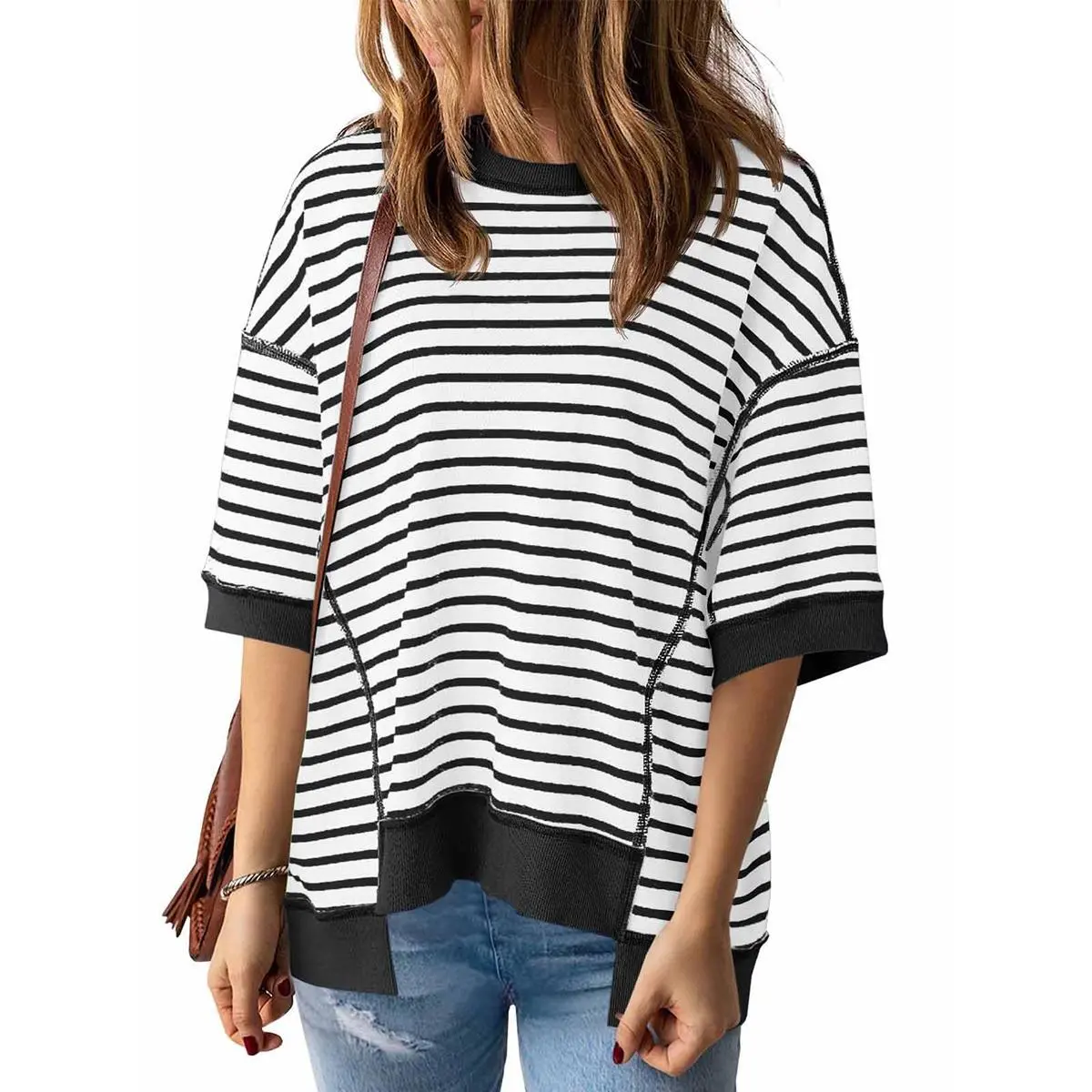 Imily Bela Womens Fashion Oversized Half Sleeve T-Shirts Casual Striped Color Block Cotton Tee Tops Loose Cozy Sweatshirts