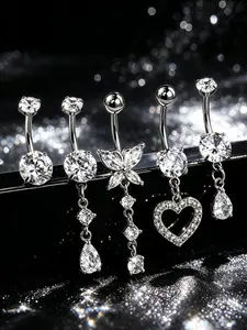 OUFER 14G 5Pcs Heart Navel Piercing Jewelry Set, 10mm Bar with Rhinestones, Gold-Tone Body Piercing Accessory for Fashion Enthusiasts