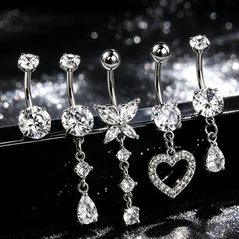 OUFER Women's Goldtone Glow Body Jewellery Set, 5pcs 14G 10mm Rhinestone Navel Piercing Rings - Classic Flower & Heart Designs for Daily Everyday Fashion Female Body Art