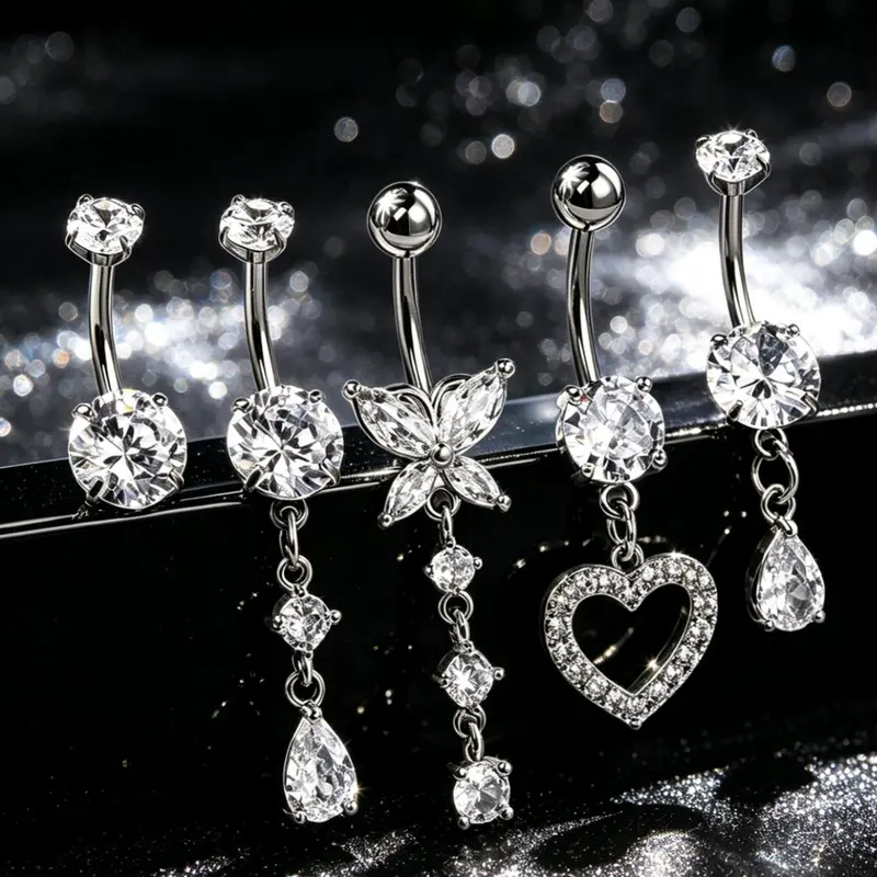 OUFER Women's Goldtone Body Jewellery Set - 5pcs 14G 10mm Crystal Belly Button Rings, Classic Flower & Heart Designs for Daily Fashion Female Body Art