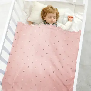 MIMIXIONG Baby Knitted Blanket with Heart Print Soft Crochet Swaddle Wrap for Newborns Breathable Lightweight Blanket Perfect Baby Gift for Holidays