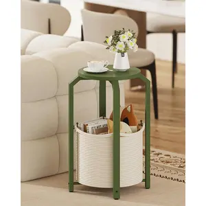 Simple Round Side Table for Sofa – 11.8" Diameter Top with Storage Basket, Iron Cross Frame, 22.4" Height for Small Spaces