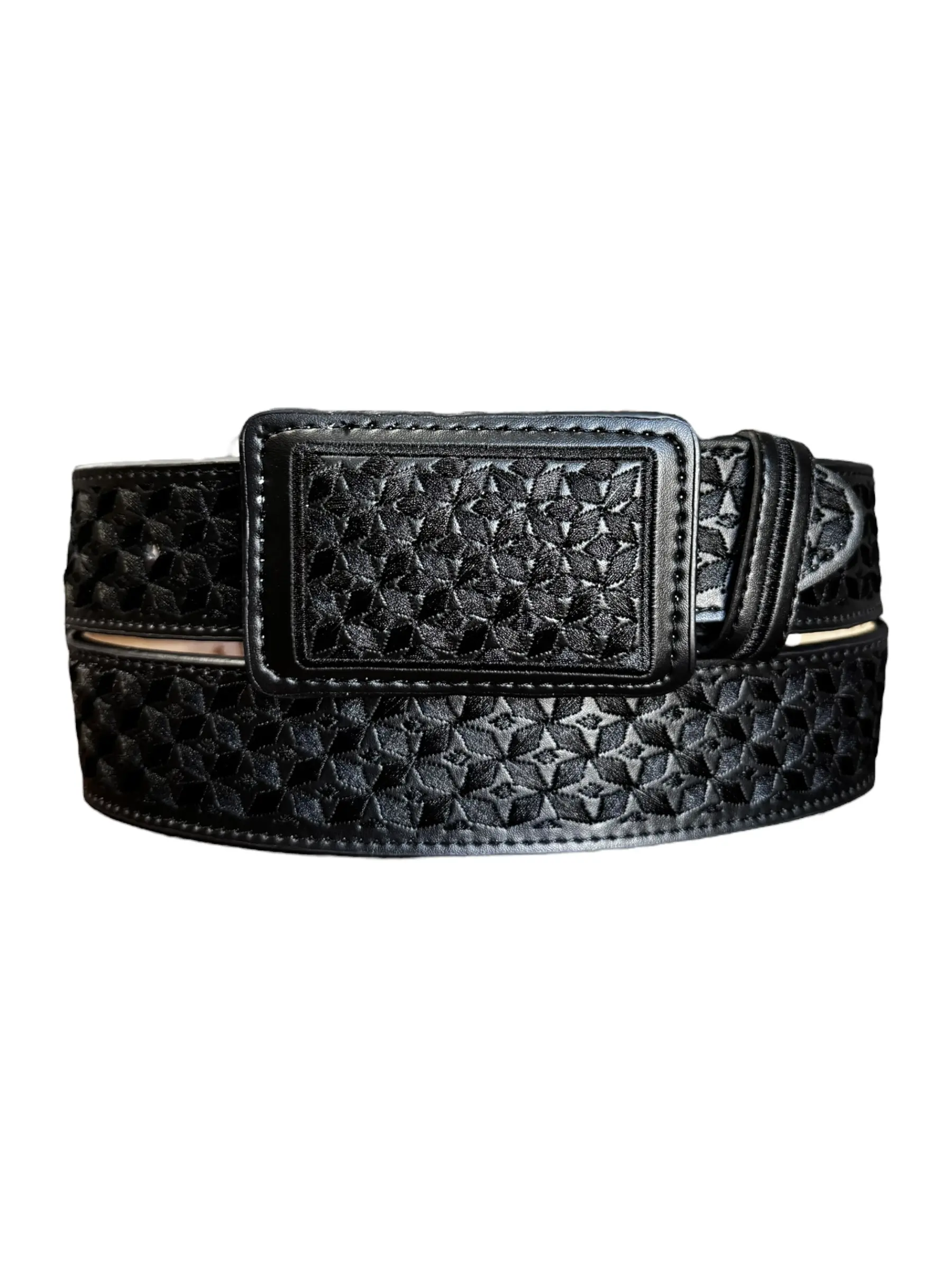 Black Western Style Embroidered Leather Belt Cinto Bordado Vaquero Piteado de Piel Negro