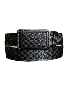 Black Western Style Embroidered Leather Belt Cinto Bordado Vaquero Piteado de Piel Negro
