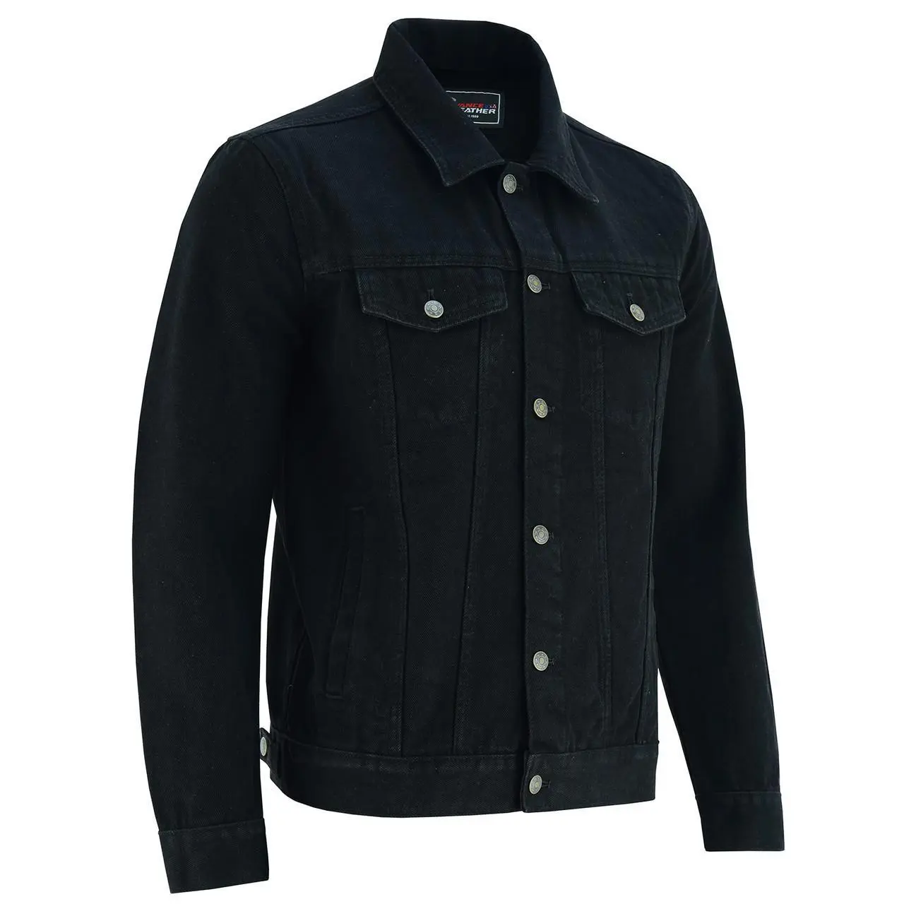 Vance Mens Black Heavy Duty Denim Button Front Motorcycle Jacket, Jean Jacket for Men