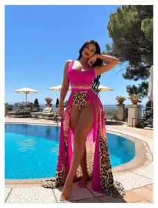 Leopard Print Swimsuit for Women - 2 Piece Bathing Suit Set with Cover Up - High Neck Tankini Top & Sheer Swimsuit Cover-Up - Sexy Leopard Bikini