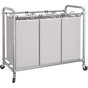 3 Section Laundry Sorter, 35.6 Gal (135 L) Laundry Hamper Cart with Rolling Lockable Wheels and Removable Bags, Clothes Organizer Basket Clothes Separator Hamper, Gray