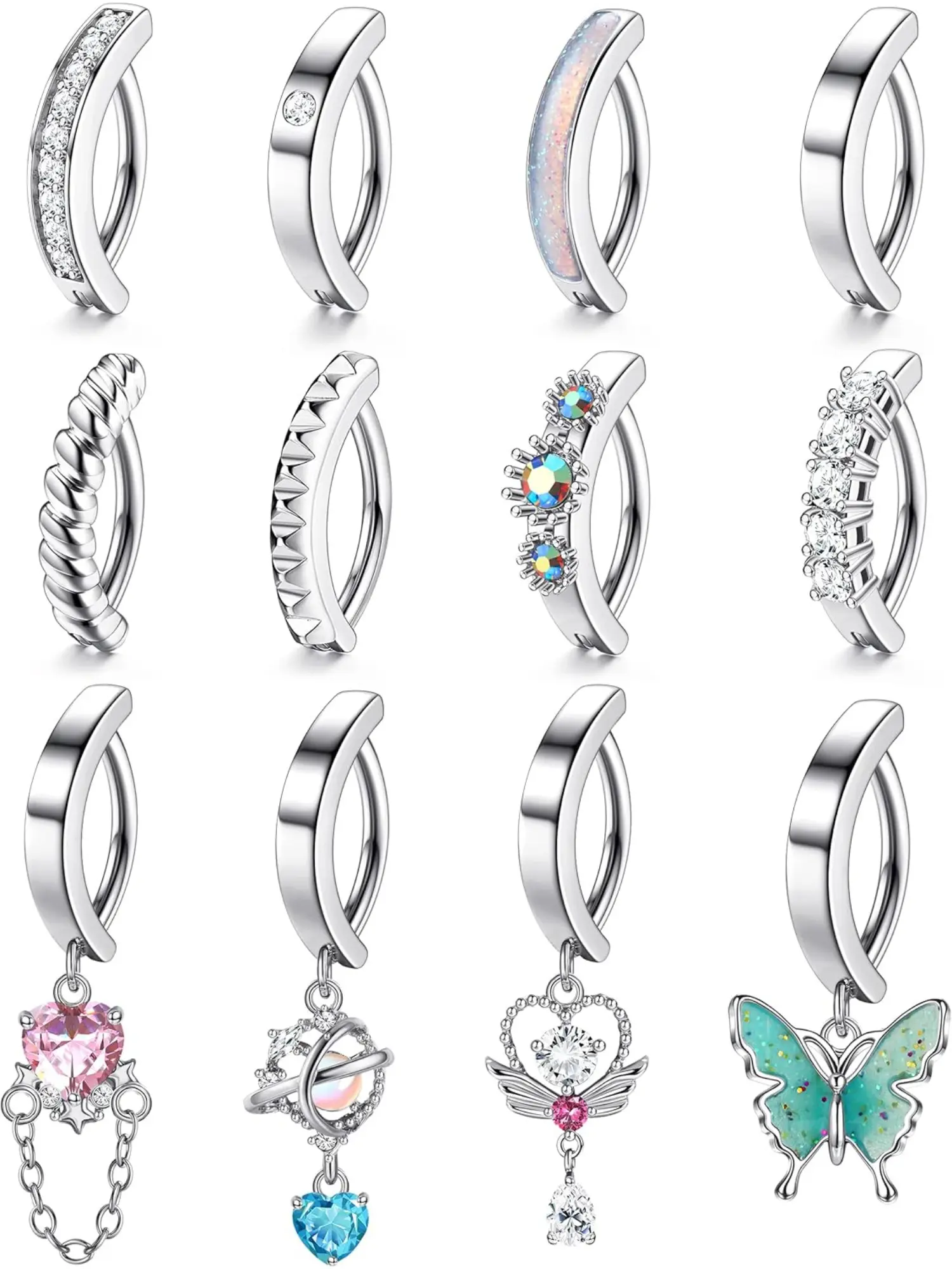 12PCS Belly Button Rings for Women Fashion Body Jewelry Stainless Steel Dangle Belly Rings CZ Heart Butterfly Reverse Curved Navel Barbell Body Clicker Belly Piercing