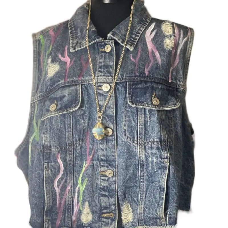 Floral Hippy Fairy Hand Painted Cropped Denim Jacket with Unique Hand-Painted Designs Womenswear