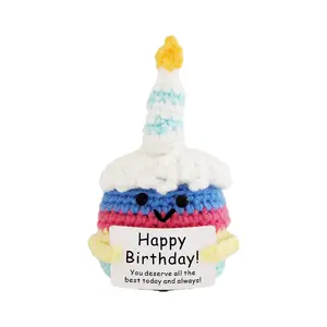 Handmade Crochet Cake Plush Toy Birthday Gift Knitted Cake Doll with Blue Candle Blessing Cute Amigurumi Desk Decor Celebration Ornament for Home Office Room Display Shopping Mall Decoration