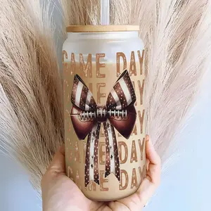 American Football Game Day Bow Tie 16oz covered straw glass drinking cup, Tumbler, reusable glass drinking cup, glass jar design, suitable for iced coffee, beer, juice, milk, cold drink glass cups, Perfect Gift for American Football Fans