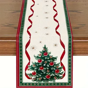 1PC Linen Christmas Table Runner with Snowflake & Tree Patterns - Merry Christmas Xmas Winter Holiday Decoration for Kitchen Dining Table, Home Festive Ornament