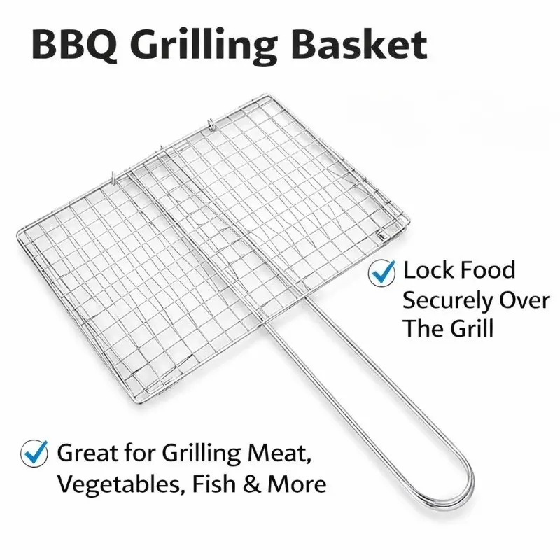 Stainless Steel Grill Basket for Vegetables & Fish, Heavy Duty BBQ Grilling Rack with Long Handle, Non-Stick Barbecue Grilling Basket for Outdoor Cooking, Camping, Backyard Grilling, Barbecue Utensils, Grill Accessories for Outdoor Grill, BBQ Tools