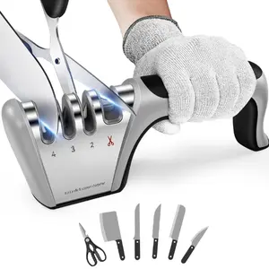 [New Deal] 4-in-1 Knife Sharpener [4 Stage] with a Pair of Cut-Resistant Glove, Original Premium Polish Blades, Best Kitchen Knife Sharpener Really Works for Fruit Knife and Steel Knives, Scissors