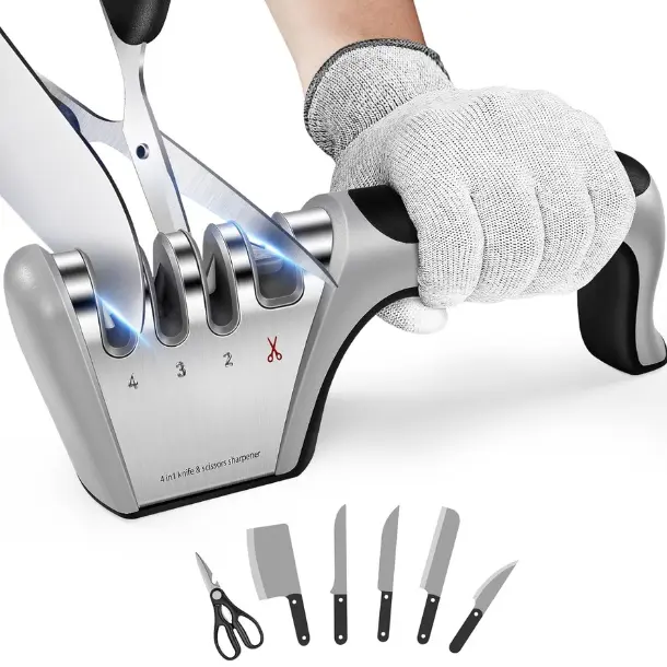 [New Deal] 4-in-1 4-Stage Kitchen Sharpener with Premium Polish Blades, 1 Cut-Resistant Glove, Effective for Fruit Tools, Steel Utensils and Scissors