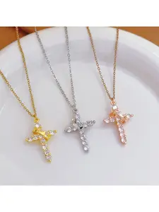 Zircon Cross Pendant Necklace Layering Chain Set Gold Tone Ins Fashion Jewelry for Women