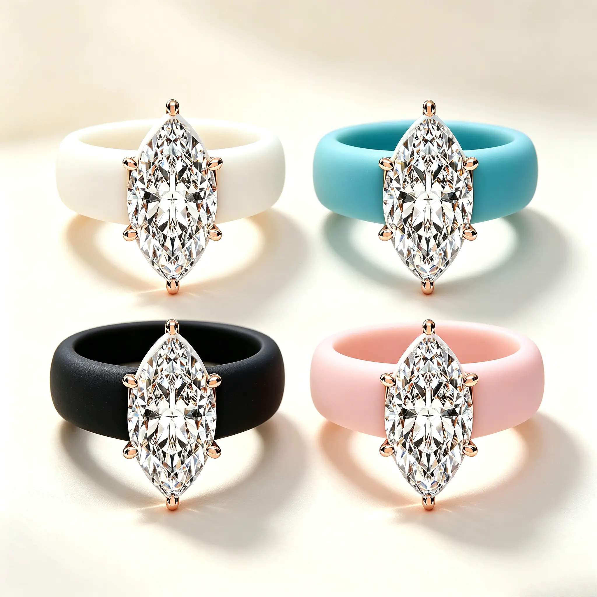 Women’s Silicone Wedding Ring - Large Marquise Cut CZ Stone, Rose Gold Prong Setting, Comfortable Elegant Band for Casual, Sports Wear