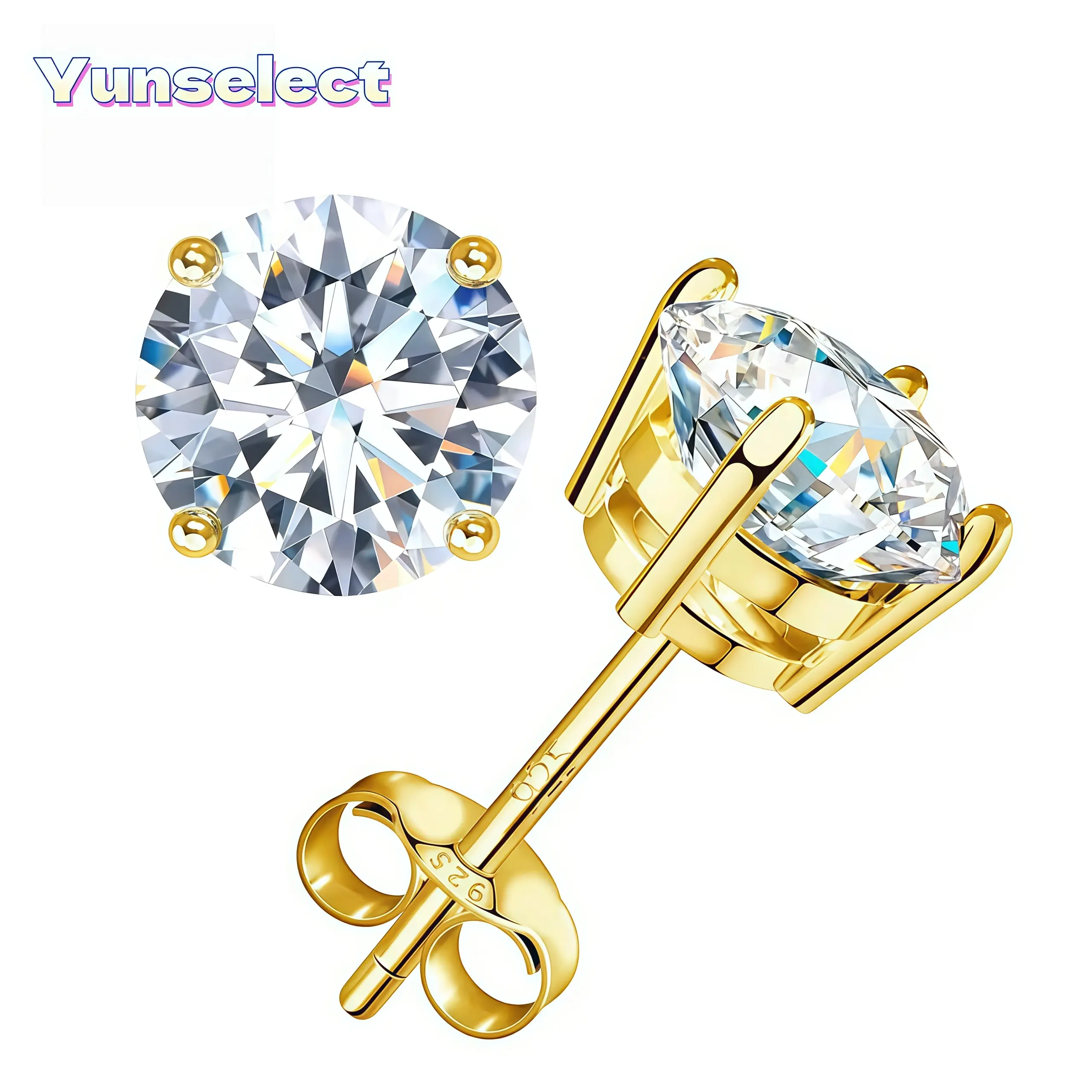 【Yunselect】18k Gold-Plated 4-Prong Round Lab-Created Moissanite Stud Earrings, S925 Sterling Silver/Copper Base, Artificial Gemstone Jewelry for Women, Ideal Birthday Wedding Engagement Gift