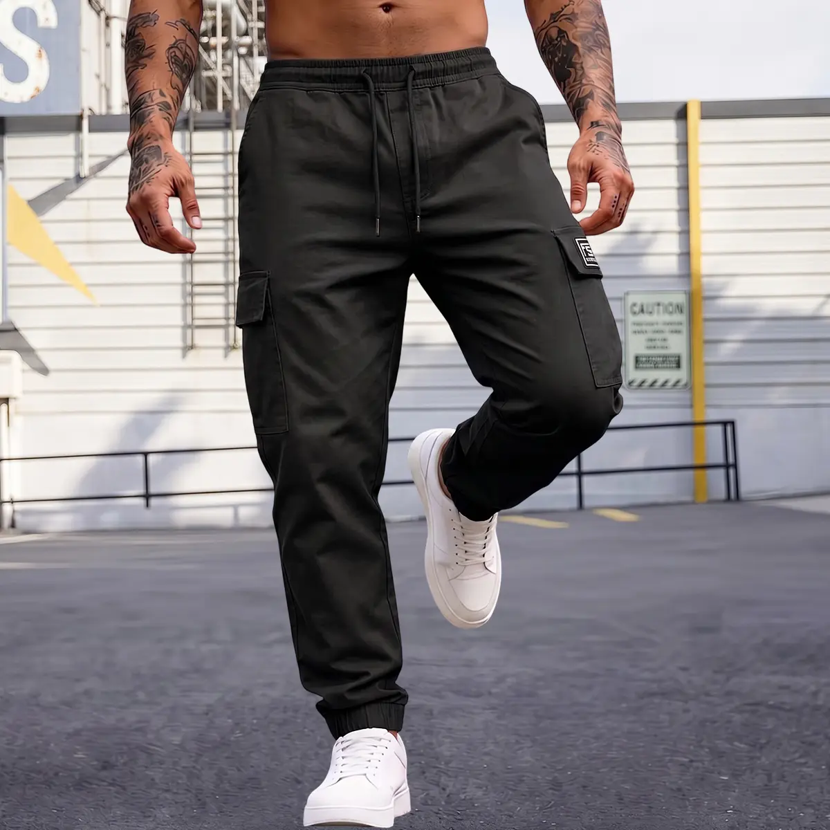 Men's Casual Cargo Pants - Elastic-Waisted Drawstring, Breathable Soft Blend, Roomy Through Thigh and Calf, Flapped Cargo Pockets for Storage, Phone & Wallet, Everyday & Light Outdoor Wear, Drawstring Cargo Pockets Men's Pants