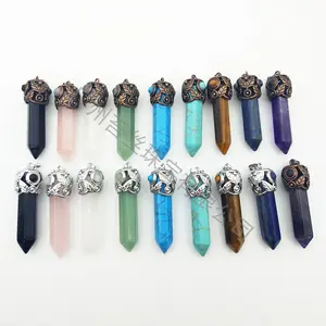 Natural Raw Gemstone Hexagonal Crystal Column Vintage Leaves Surrounding Electroplating Head Green Purple Fluorite Ornament Accessories Hexagon Prism