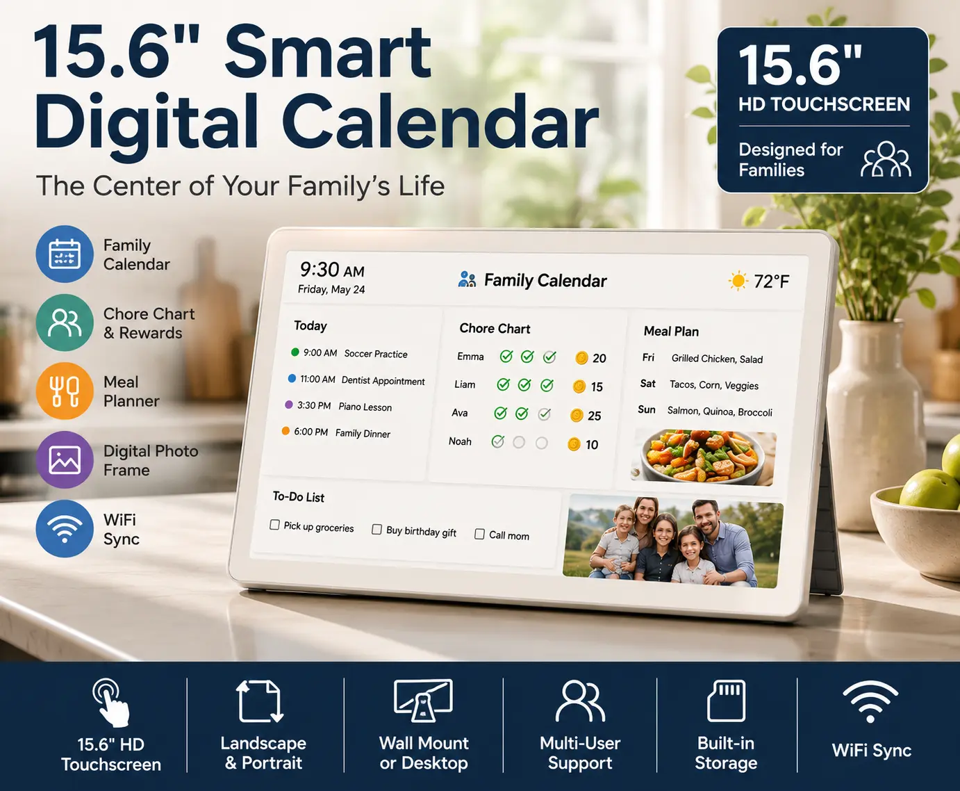 15.6" Smart Family Calendar, WiFi Touchscreen Chore Chart & Meal Planner, Digital Photo Frame, Shared Family Organizer