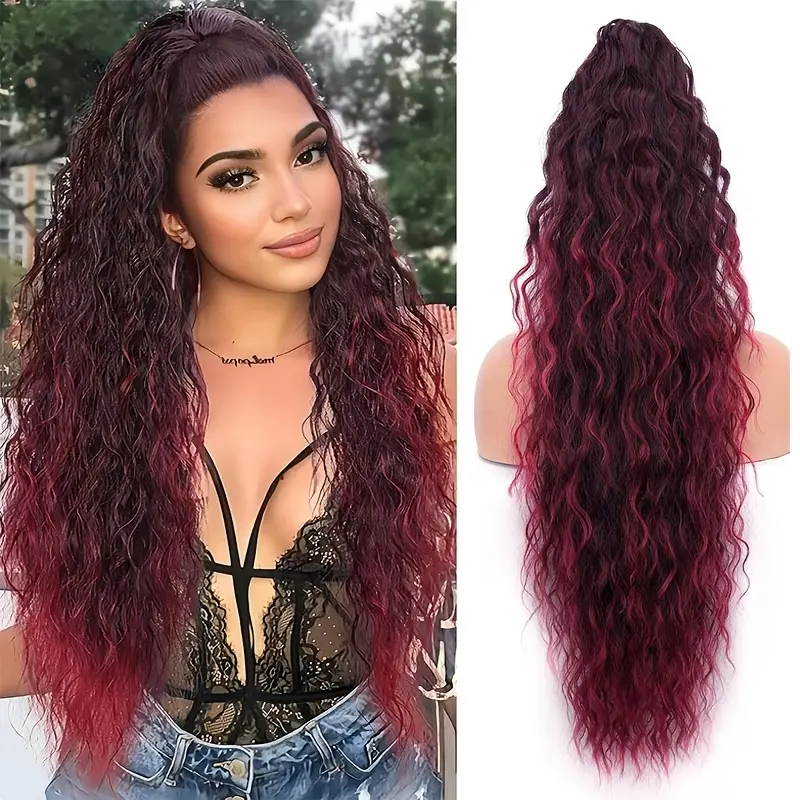 BEFUNNY Ponytail Extension, Long Wavy Ombre Burgundy Synthetic Hairpiece for Women's Fashion, 30 Inch Clip On for Casual & Dressy Ponytail Hairstyles, Synthetic Extensions & Pieces