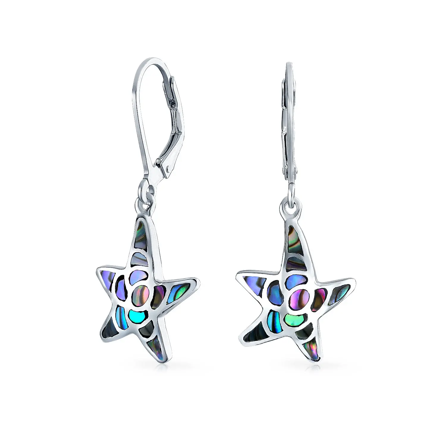 Nautical Rainbow Abalone Shell Starfish Drop Earrings .925 Sterling Silver