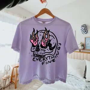 Everythings Fine Cropped Shirt Comfort Colors Cropped Boxy Tee Retro Distressed Skull On Fire Shirt Trendy Grunge Indie Boho Shirt Crop Top