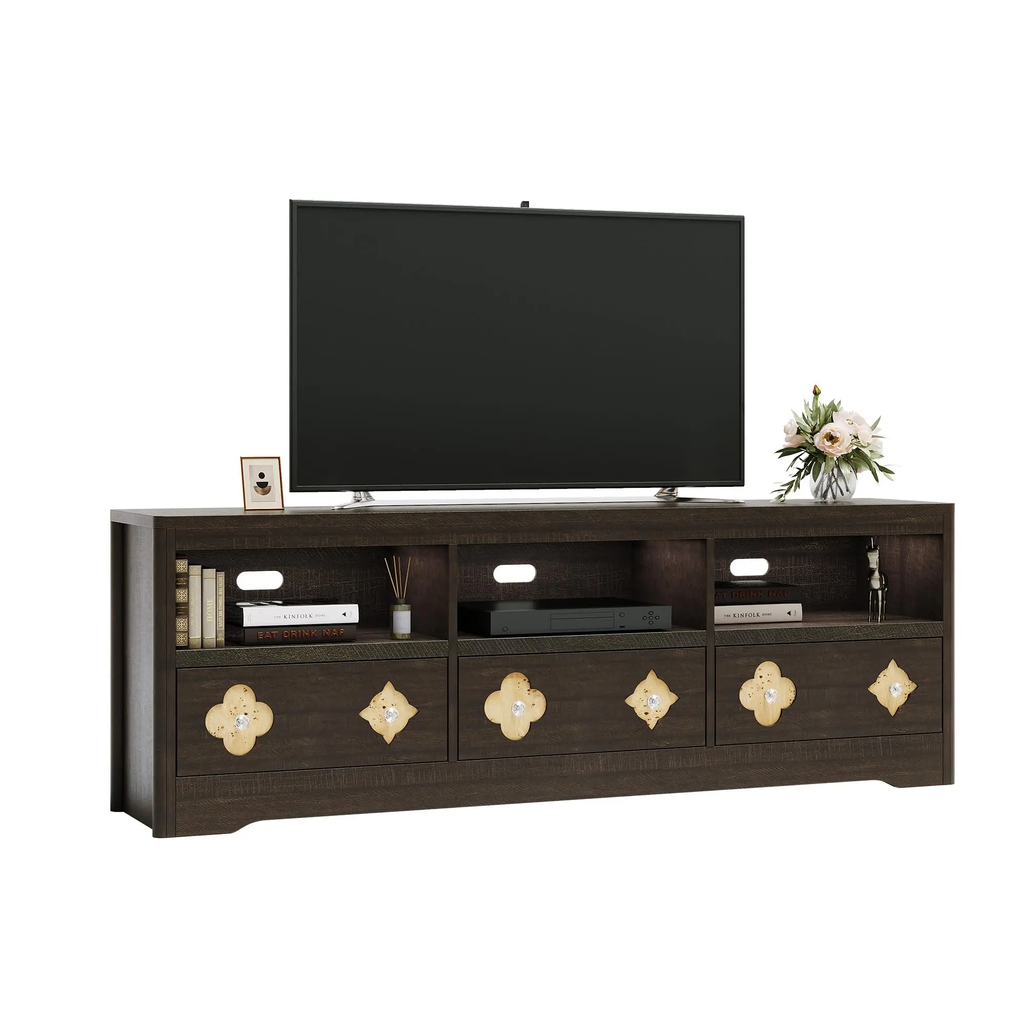 Garvee 70in Mid Century Modern Entertainment Center with Storage Drawer and Open Shelves, Media Cabinet Console for Living Room and Bedroom, Brown, Fits TVs Up to 85 Inches