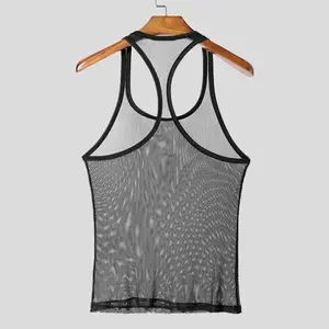 Kyn Apparel Men's Sexy Mesh Sports Tank Tops Chic Hollw Out O Neck Sleeveless T-shirt Breathable Solid Color Crop Vests Summer Fitness Tops