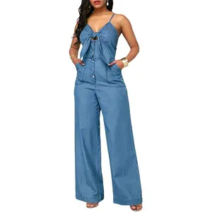 Women's Halter Lace Up Backless Casual Wide Leg Blue Denim Long Jumpsuit Playsuit Rompers With Belt