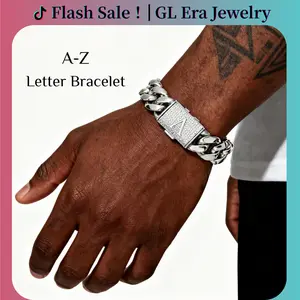 Silver Stainless Steel Cuban Link Bracelet for Men, 14mm Heavy Chain with A–Z Initial Letter Clasp, Gothic Punk Hip Hop Style, Personalized Modern Gift for Him