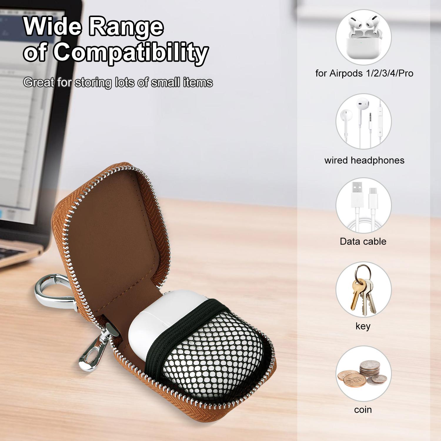 Earbud Carrying Case, Portable PU Leather Small Protective Storage Bag with Mesh Pocket & Keychain for Wireless Headphones, Earbuds, USB Cables & Accessories