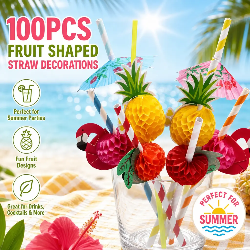 100PCS Flamingo & Fruit Shapes Honey Comb Drinking Straws Combo - Plastic-Free, 24.5cm/9.6 inch & 20cm/7.9inch, Assorted Bright Colors, Great for Drinks, Cocktails & More, Tropical Hawaiian Party Drinkware Accessories