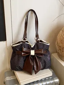 Trendy Fashion Large Capacity Polka Dot Bow Decor Bag, Handheld Shoulder Bag, Stylish Women's Accessory, fashionable patterned bag, Perfect for Daily Use
