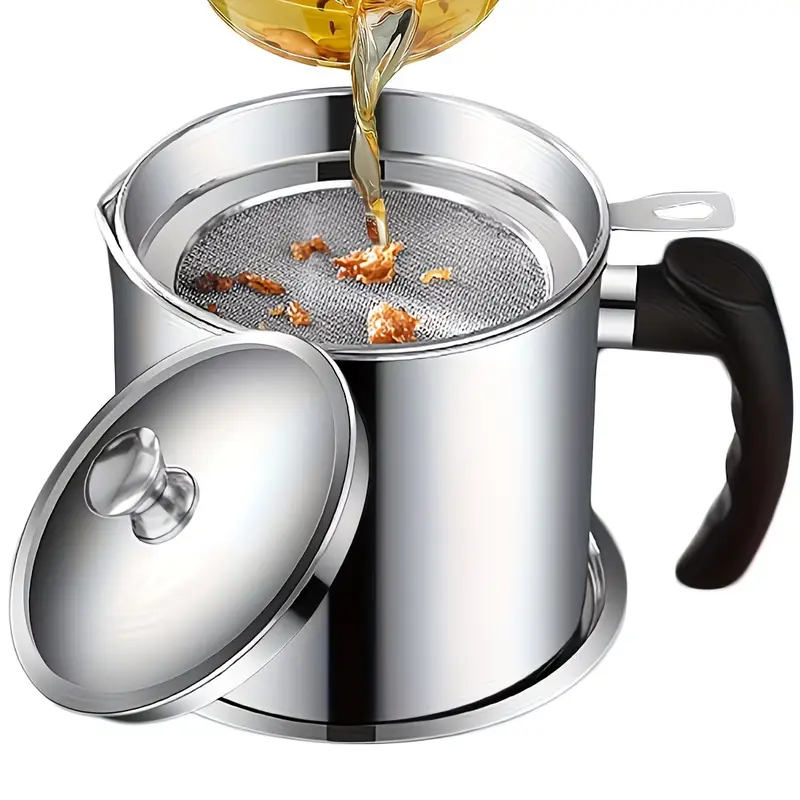 Stainless Steel Kitchen Grease Container with Filter - Easy-Pour Handle, Perfect for Storing Cooking Oil and Fats. Essential Kitchen Accessory Oil Canister