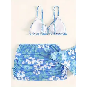 Sexy  beautiful  and fashionable Sweet Flora Graphic 3pcs Bikini Swimwear Set Girls Casual Cute Bathing Suit Summer Hawaii Beachwear