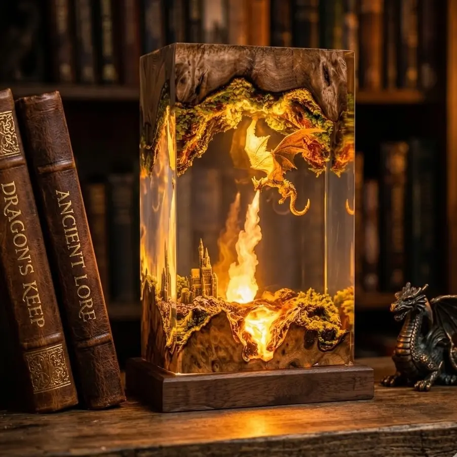 Handmade Dragon Resin Lamp, Fire Breathing LED Night Light, Fantasy Castle Decor, Epoxy Resin Art, Gaming Room Decor, Gothic Gift for Halloween Christmas Birthday